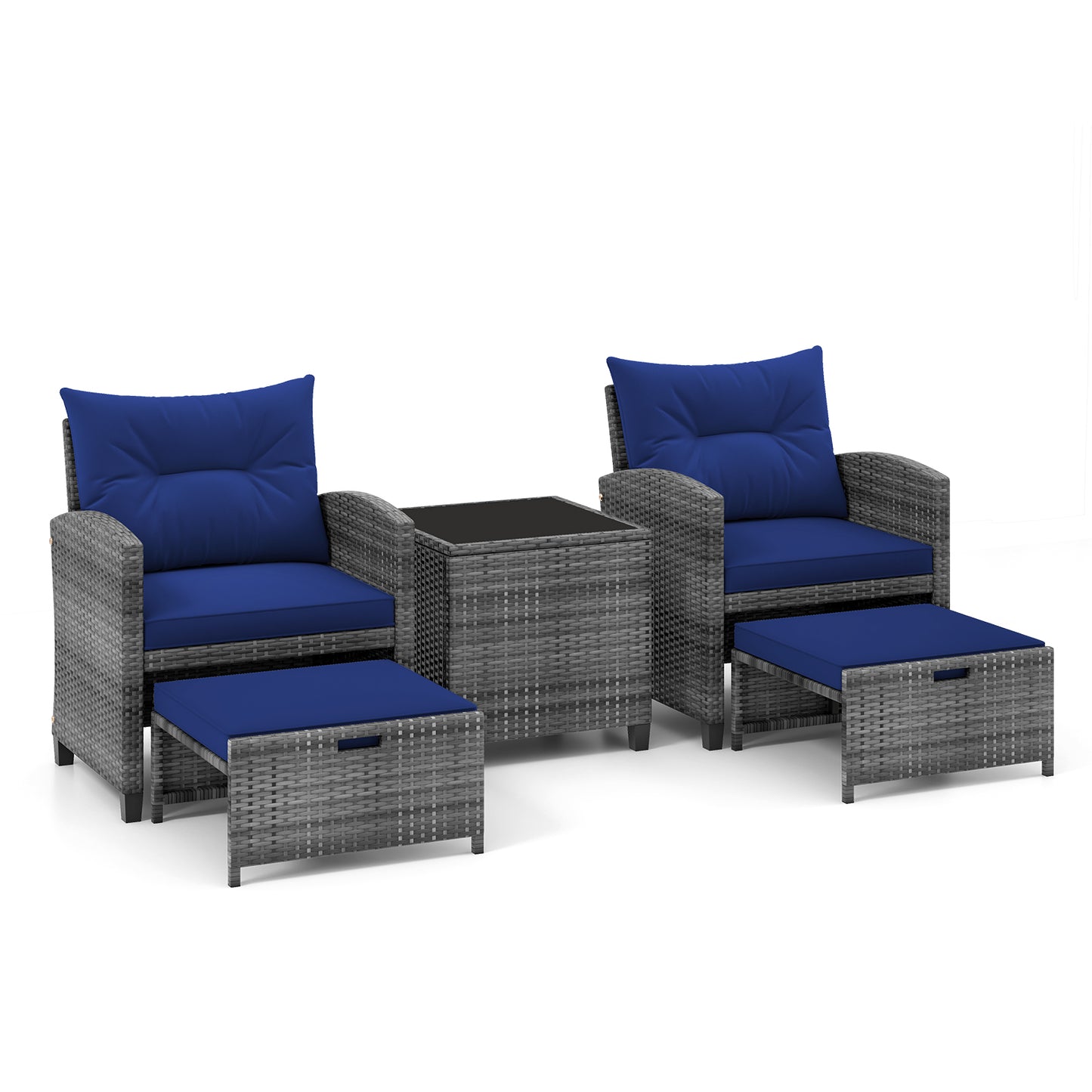 5 Piece Patio Rattan Furniture, 2 Ottomans, Tempered Glass Coffee Table, Navy Patio Conversation Sets at Gallery Canada