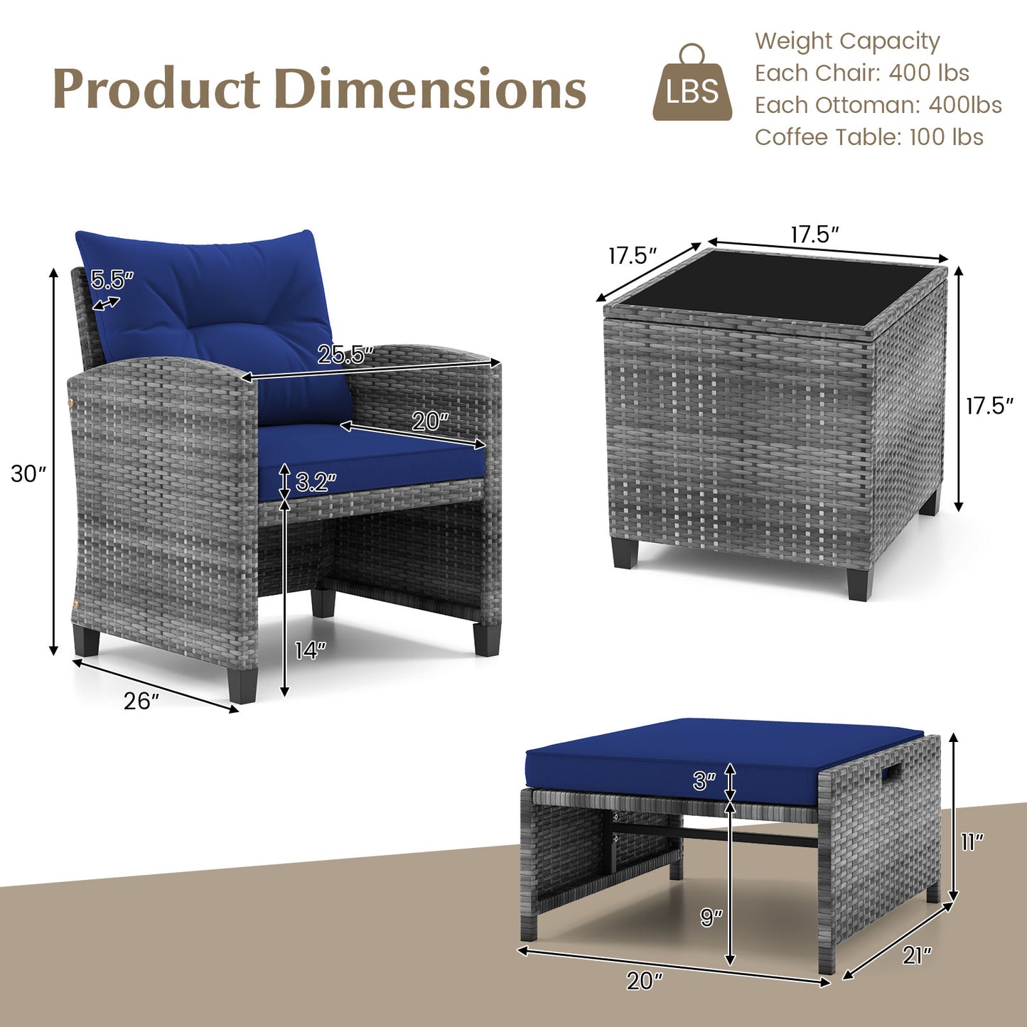 5 Piece Patio Rattan Furniture, 2 Ottomans, Tempered Glass Coffee Table, Navy Patio Conversation Sets at Gallery Canada