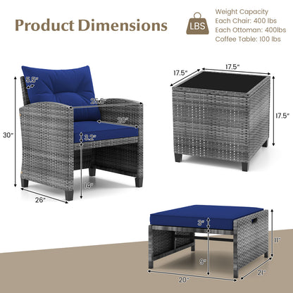 5 Piece Patio Rattan Furniture, 2 Ottomans, Tempered Glass Coffee Table, Navy Patio Conversation Sets at Gallery Canada