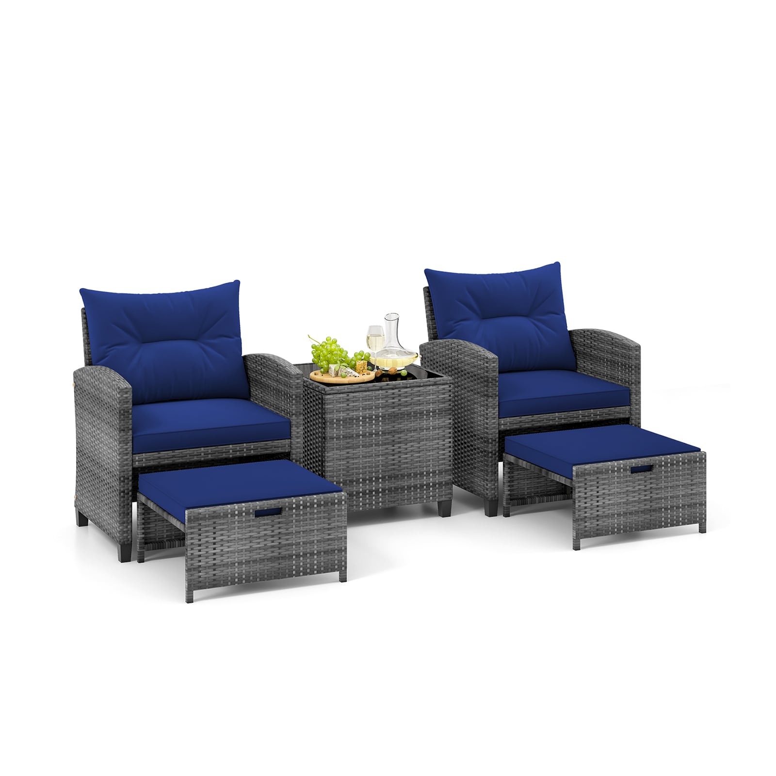 5 Piece Patio Rattan Furniture, 2 Ottomans, Tempered Glass Coffee Table, Navy Patio Conversation Sets at Gallery Canada