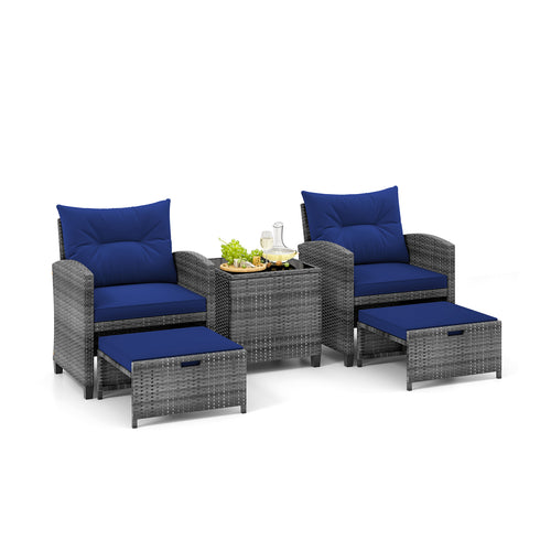 5 Piece Patio Rattan Furniture, 2 Ottomans, Tempered Glass Coffee Table, Navy