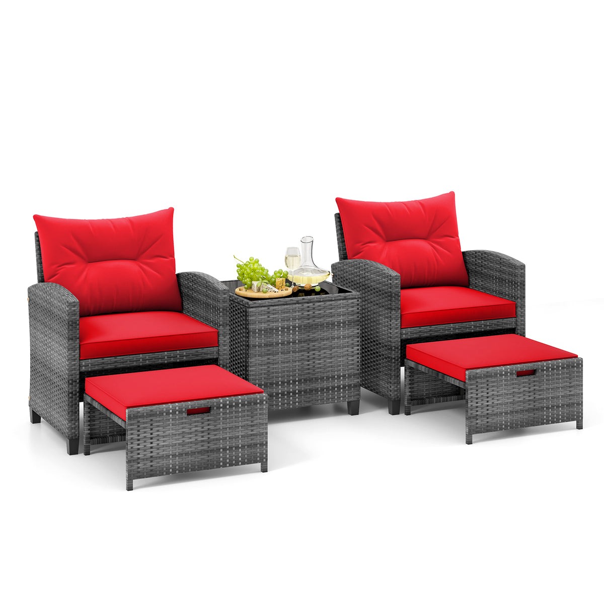 5 Piece Rattan Patio Furniture, 2 Ottomans, Tempered Glass Coffee Table, Red Patio Conversation Sets Red at Gallery Canada