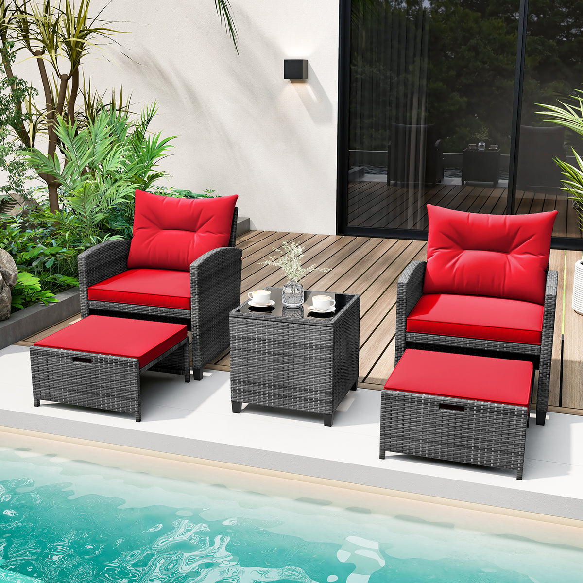 5 Piece Rattan Patio Furniture, 2 Ottomans, Tempered Glass Coffee Table, Red Patio Conversation Sets at Gallery Canada