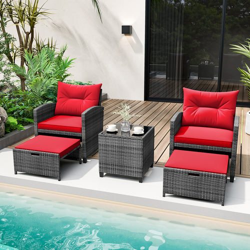 5 Piece Rattan Patio Furniture, 2 Ottomans, Tempered Glass Coffee Table, Red
