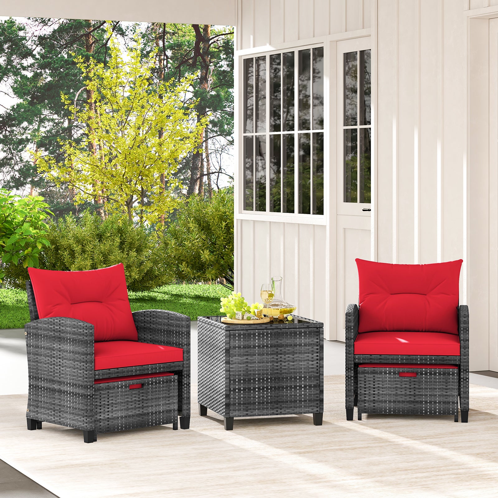 5 Piece Rattan Patio Furniture, 2 Ottomans, Tempered Glass Coffee Table, Red Patio Conversation Sets at Gallery Canada