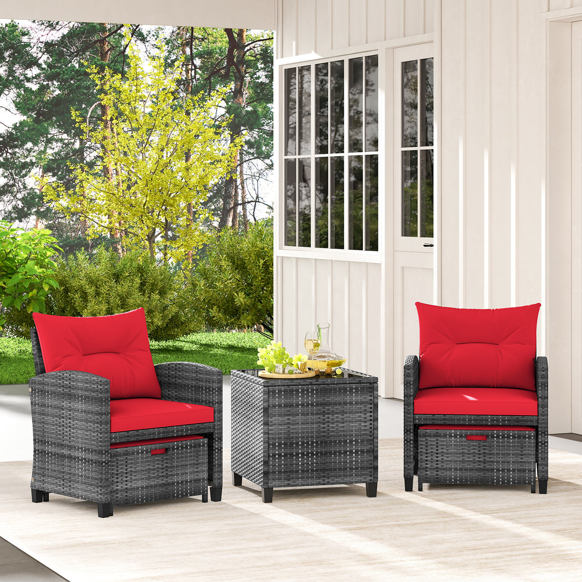 5 Piece Rattan Patio Furniture, 2 Ottomans, Tempered Glass Coffee Table, Red Patio Conversation Sets at Gallery Canada