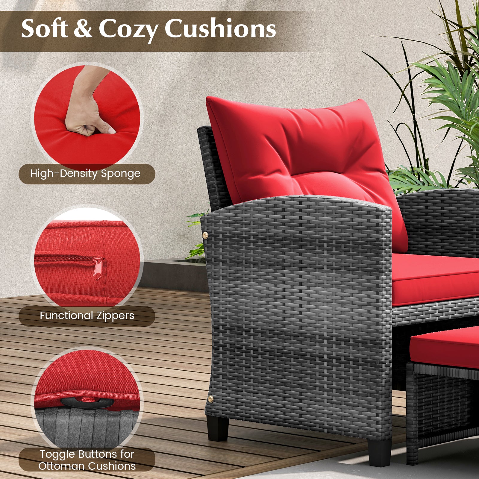 5 Piece Rattan Patio Furniture, 2 Ottomans, Tempered Glass Coffee Table, Red Patio Conversation Sets at Gallery Canada