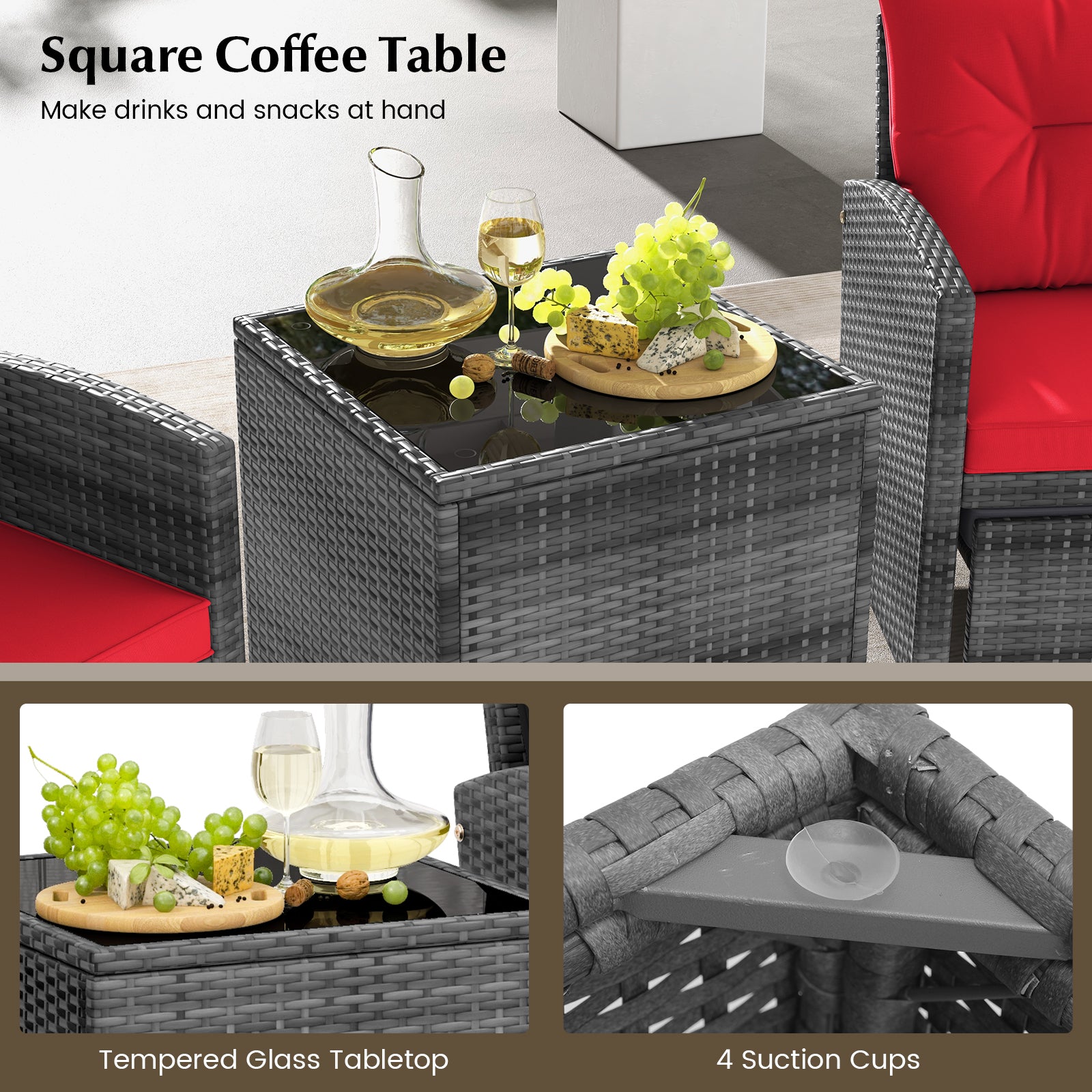 5 Piece Rattan Patio Furniture, 2 Ottomans, Tempered Glass Coffee Table, Red Patio Conversation Sets at Gallery Canada