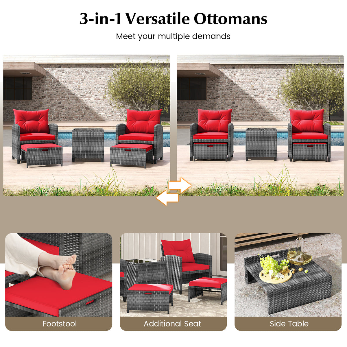 5 Piece Rattan Patio Furniture, 2 Ottomans, Tempered Glass Coffee Table, Red Patio Conversation Sets at Gallery Canada