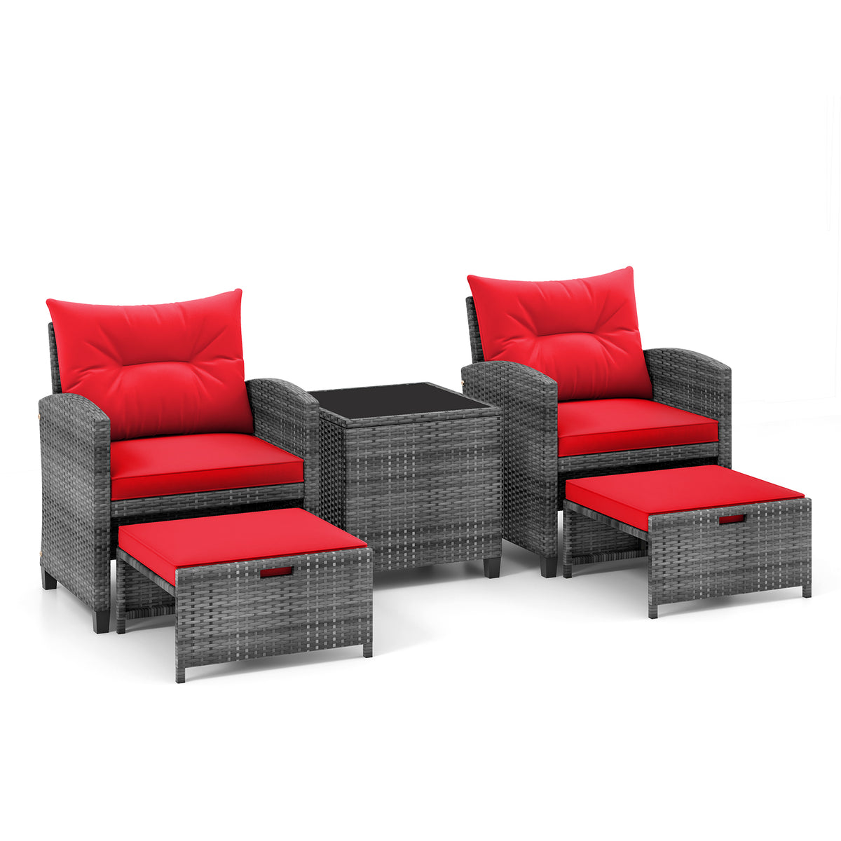 5 Piece Rattan Patio Furniture, 2 Ottomans, Tempered Glass Coffee Table, Red Patio Conversation Sets at Gallery Canada