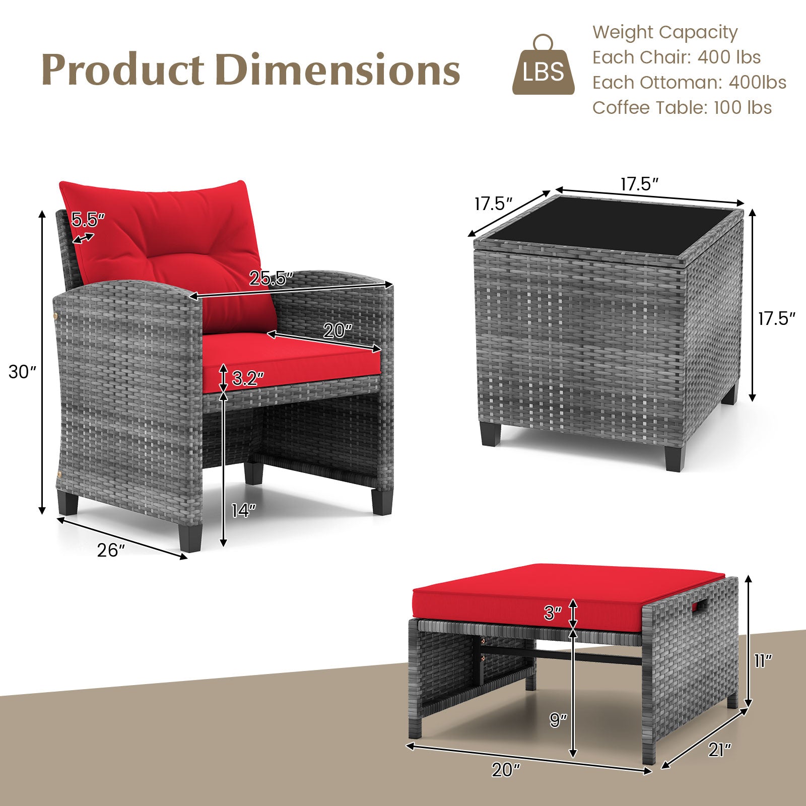 5 Piece Rattan Patio Furniture, 2 Ottomans, Tempered Glass Coffee Table, Red Patio Conversation Sets at Gallery Canada