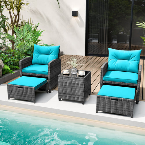 5 Piece Rattan Patio Furniture, 2 Ottomans, Tempered Glass Table, Turquoise