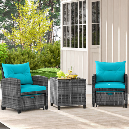 5 Piece Rattan Patio Furniture, 2 Ottomans, Tempered Glass Table, Turquoise Patio Conversation Sets at Gallery Canada