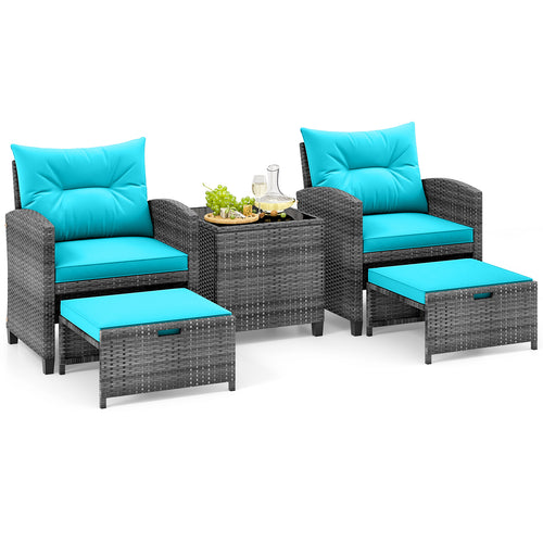 5 Piece Rattan Patio Furniture, 2 Ottomans, Tempered Glass Table, Turquoise