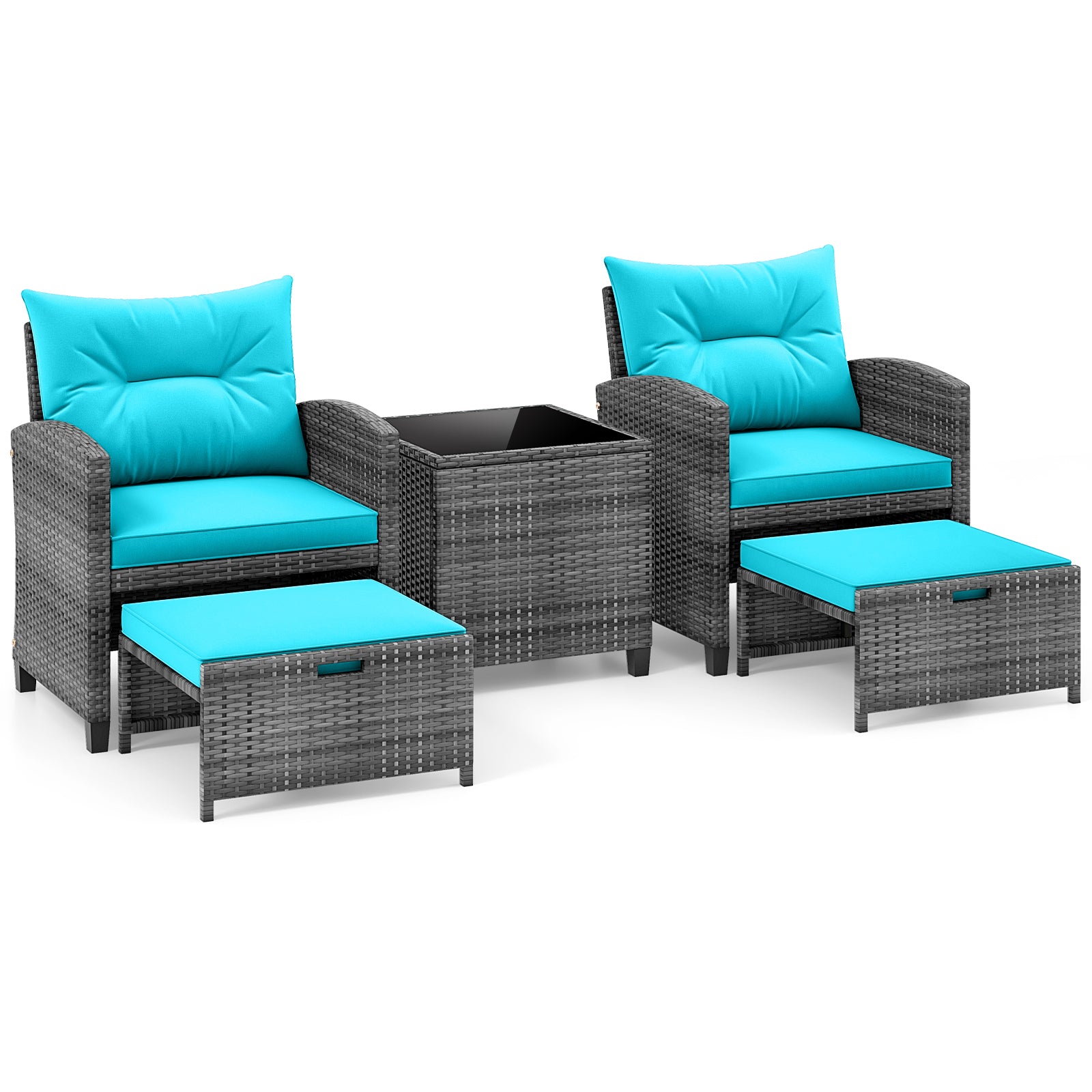5 Piece Rattan Patio Furniture, 2 Ottomans, Tempered Glass Table, Turquoise Patio Conversation Sets at Gallery Canada