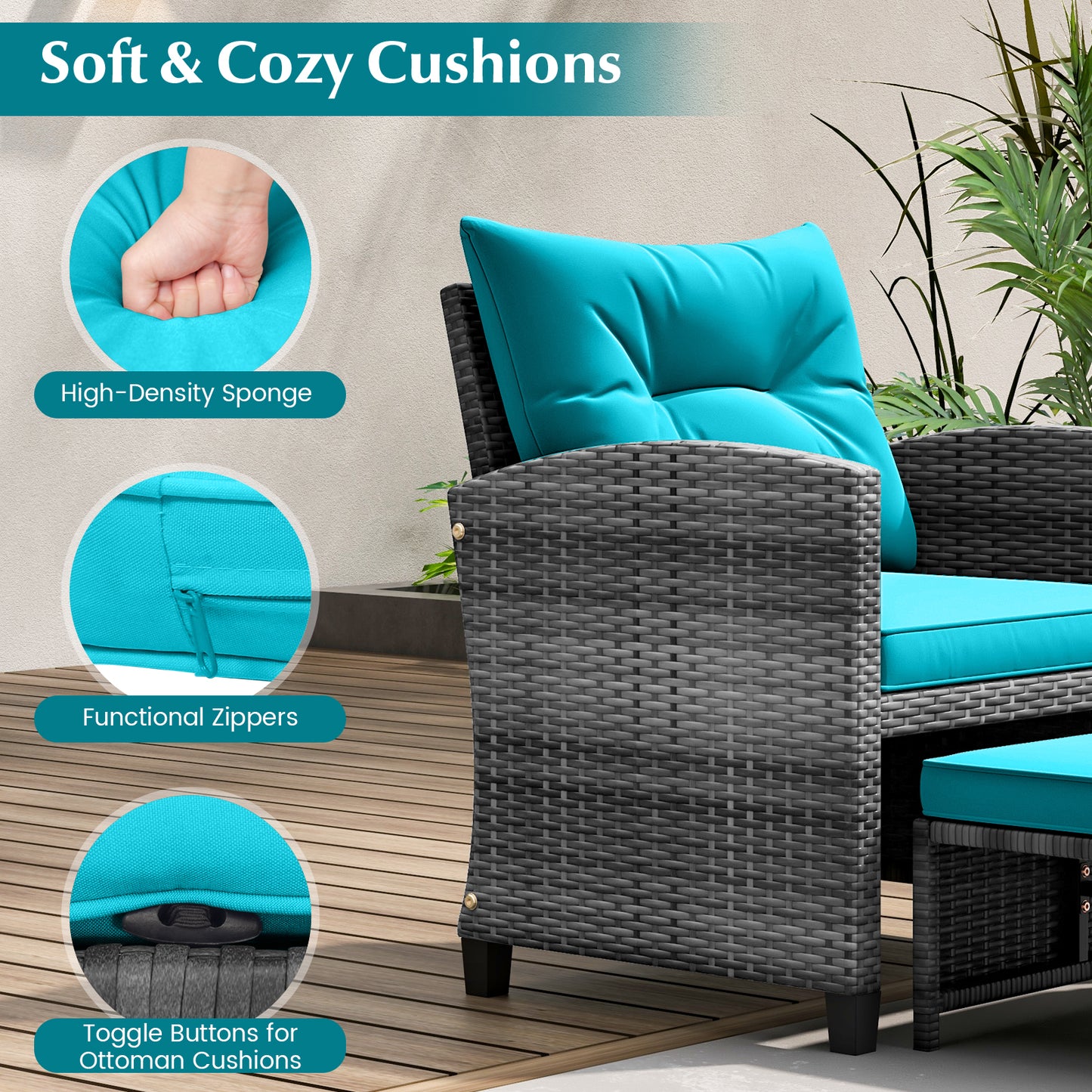 5 Piece Rattan Patio Furniture, 2 Ottomans, Tempered Glass Table, Turquoise Patio Conversation Sets at Gallery Canada