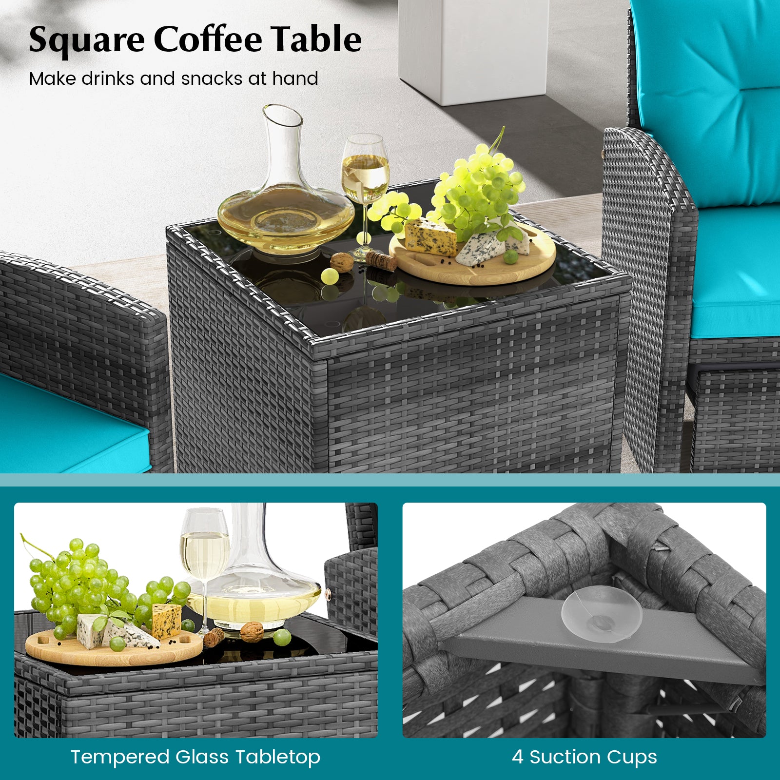 5 Piece Rattan Patio Furniture, 2 Ottomans, Tempered Glass Table, Turquoise Patio Conversation Sets at Gallery Canada