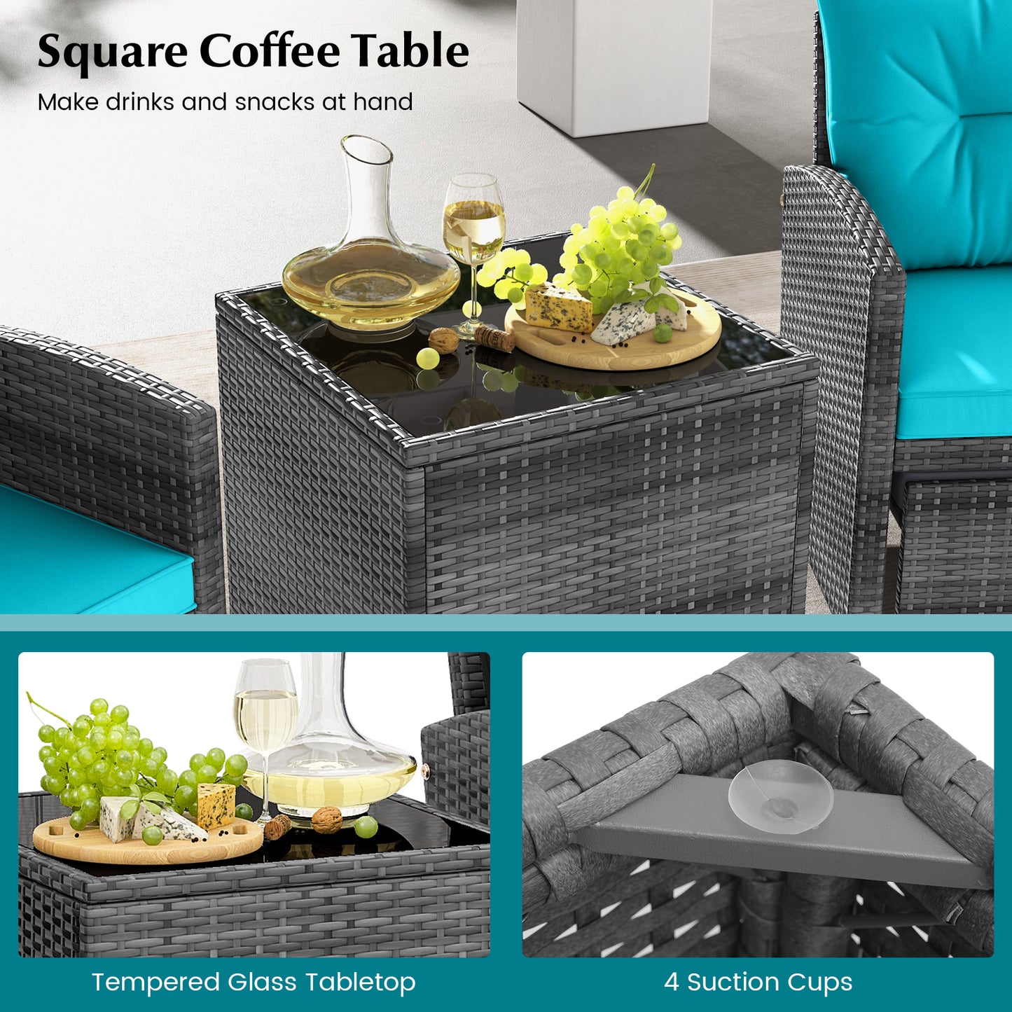 5 Piece Rattan Patio Furniture, 2 Ottomans, Tempered Glass Table, Turquoise Patio Conversation Sets at Gallery Canada