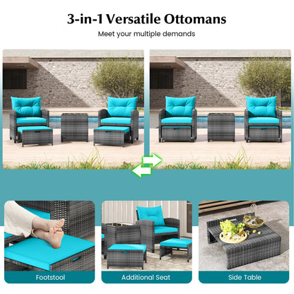 5 Piece Rattan Patio Furniture, 2 Ottomans, Tempered Glass Table, Turquoise Patio Conversation Sets at Gallery Canada