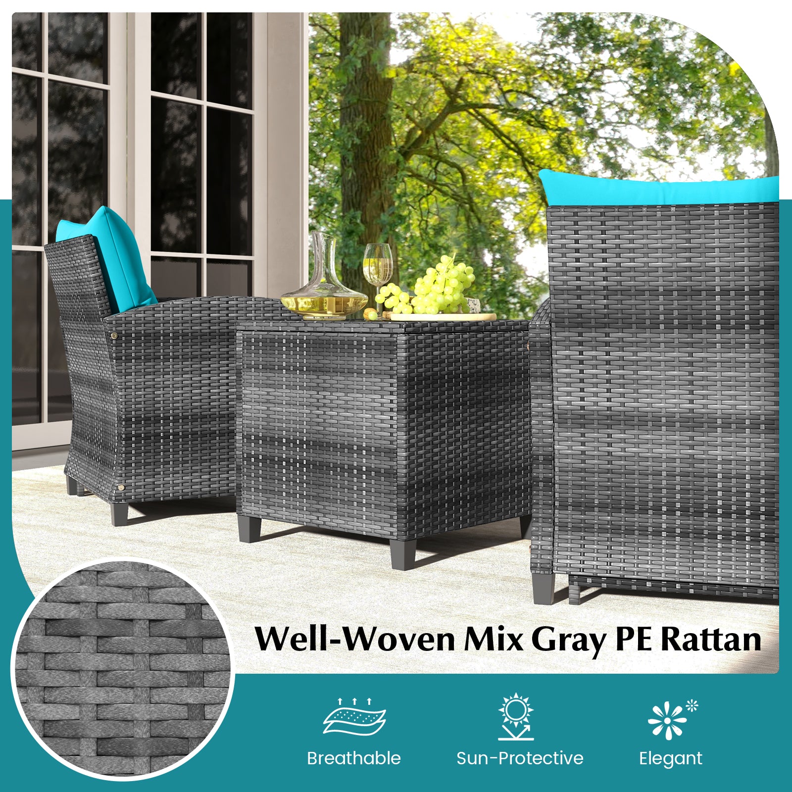 5 Piece Rattan Patio Furniture, 2 Ottomans, Tempered Glass Table, Turquoise Patio Conversation Sets at Gallery Canada