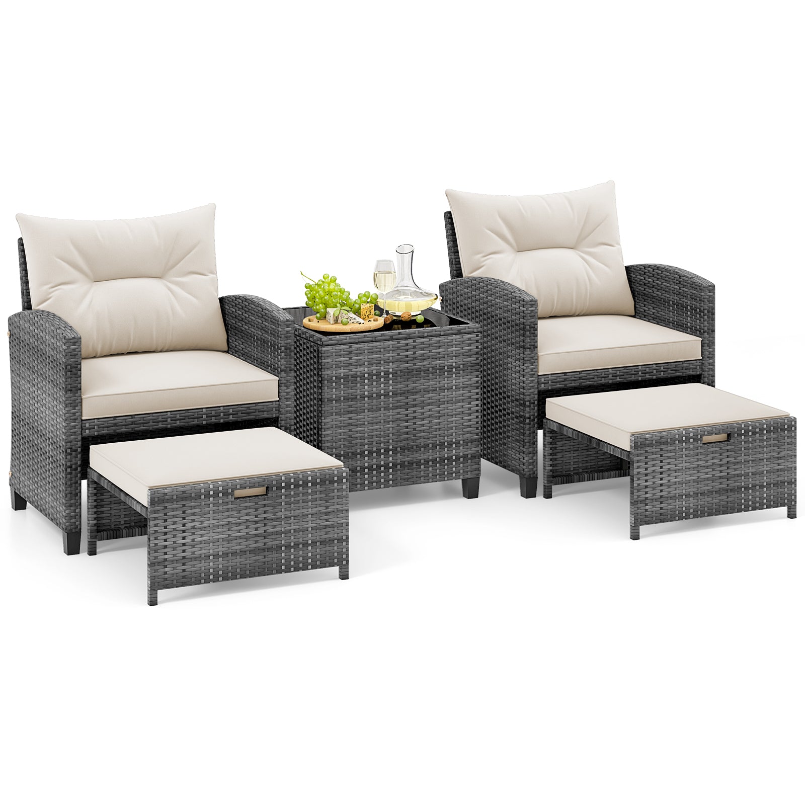 5 Piece Patio Rattan Furniture, 2 Ottomans, Tempered Glass Coffee Table, White Patio Conversation Sets White at Gallery Canada