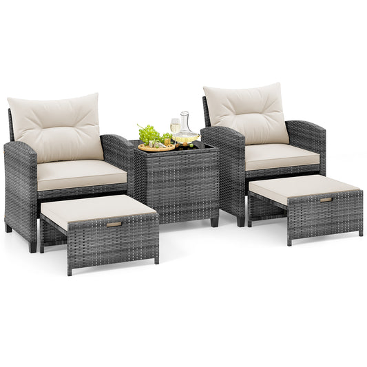 5 Piece Patio Rattan Furniture, 2 Ottomans, Tempered Glass Coffee Table, White Patio Conversation Sets White at Gallery Canada