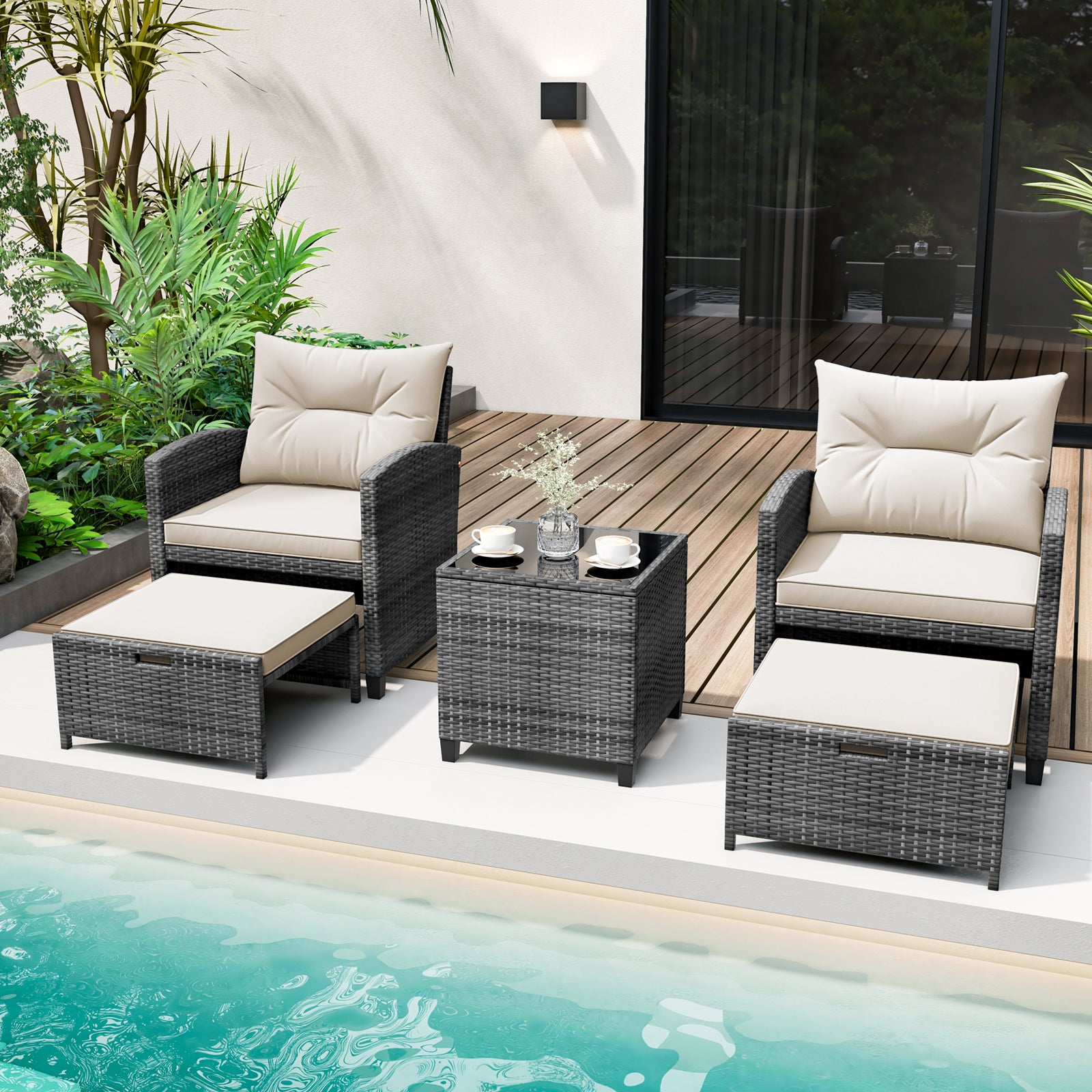 5 Piece Patio Rattan Furniture, 2 Ottomans, Tempered Glass Coffee Table, White Patio Conversation Sets at Gallery Canada