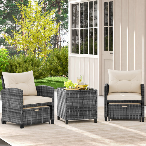 5 Piece Patio Rattan Furniture, 2 Ottomans, Tempered Glass Coffee Table, White
