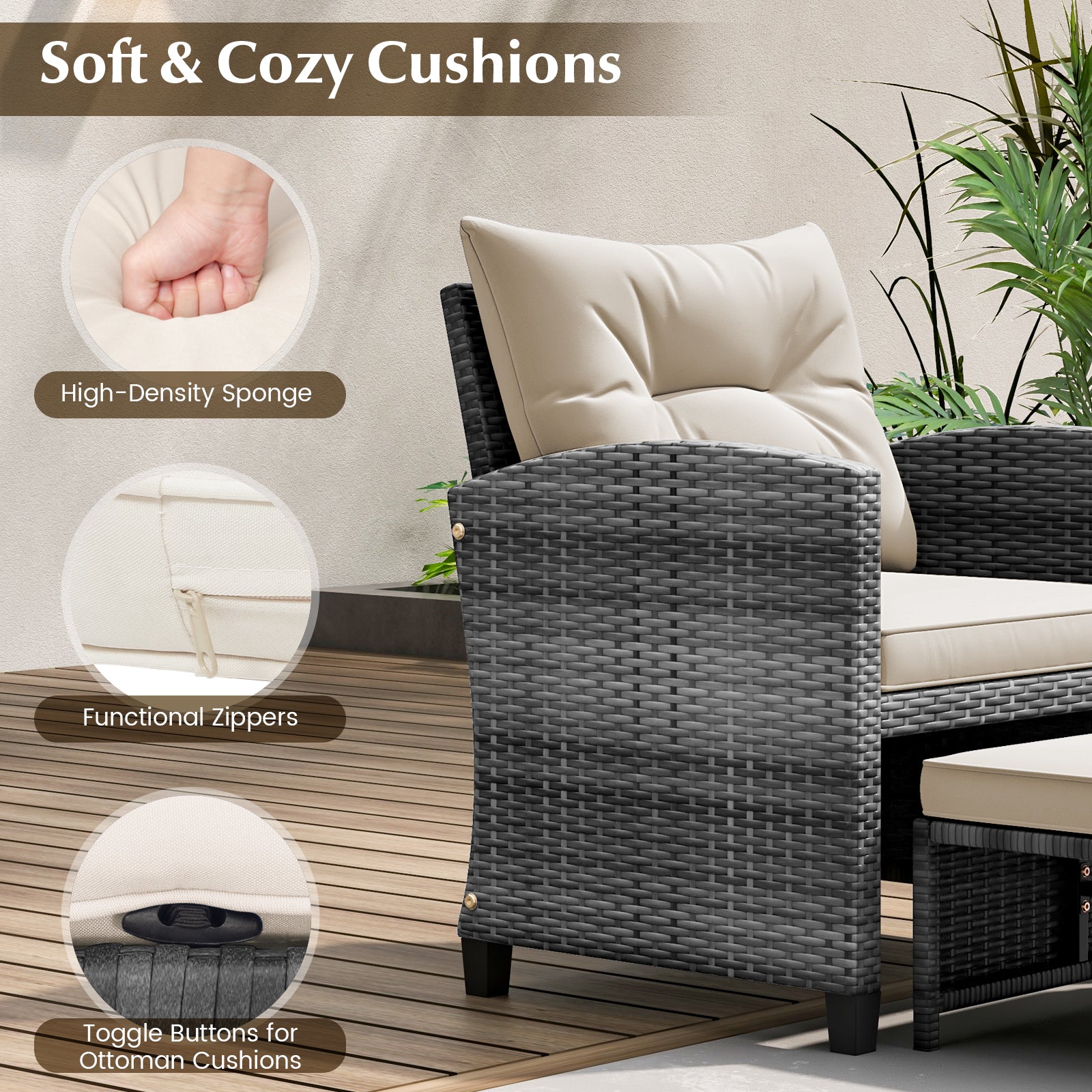 5 Piece Patio Rattan Furniture, 2 Ottomans, Tempered Glass Coffee Table, White Patio Conversation Sets at Gallery Canada