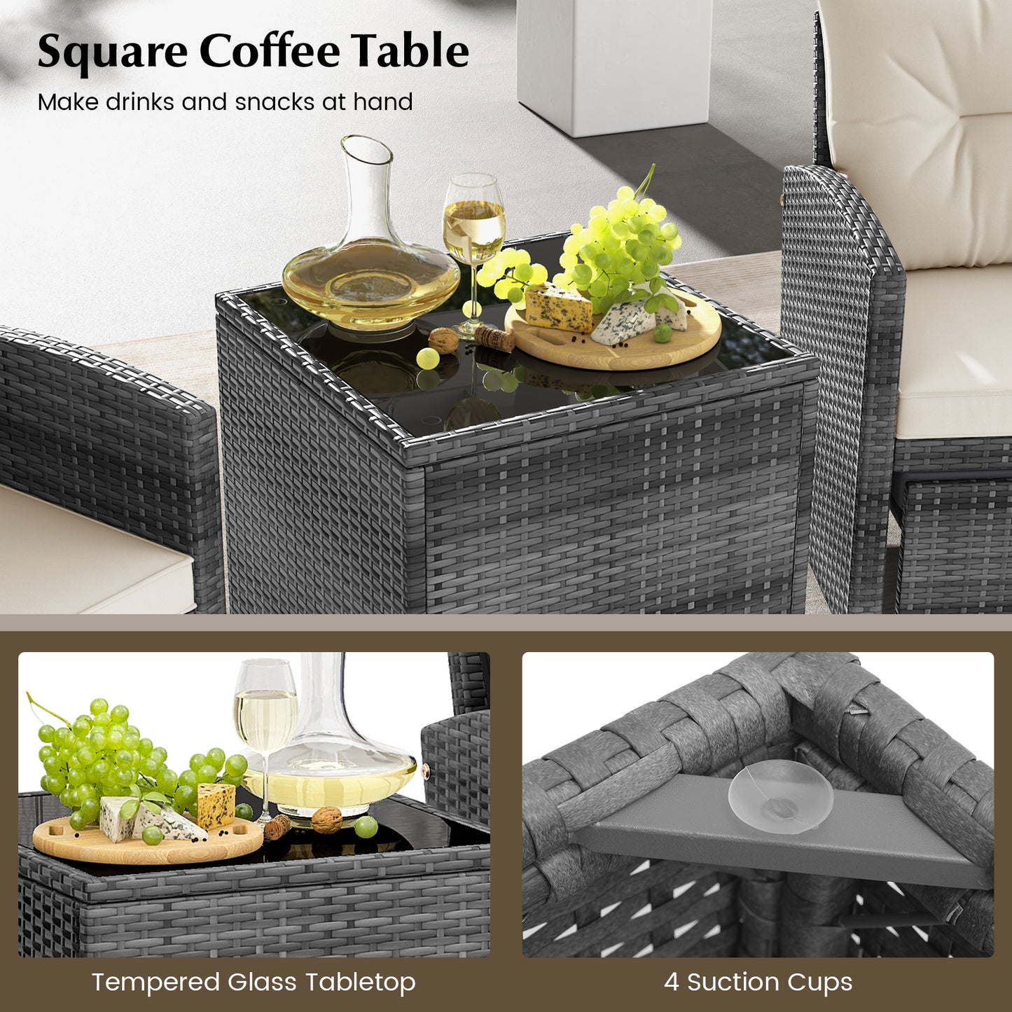 5 Piece Patio Rattan Furniture, 2 Ottomans, Tempered Glass Coffee Table, White Patio Conversation Sets at Gallery Canada