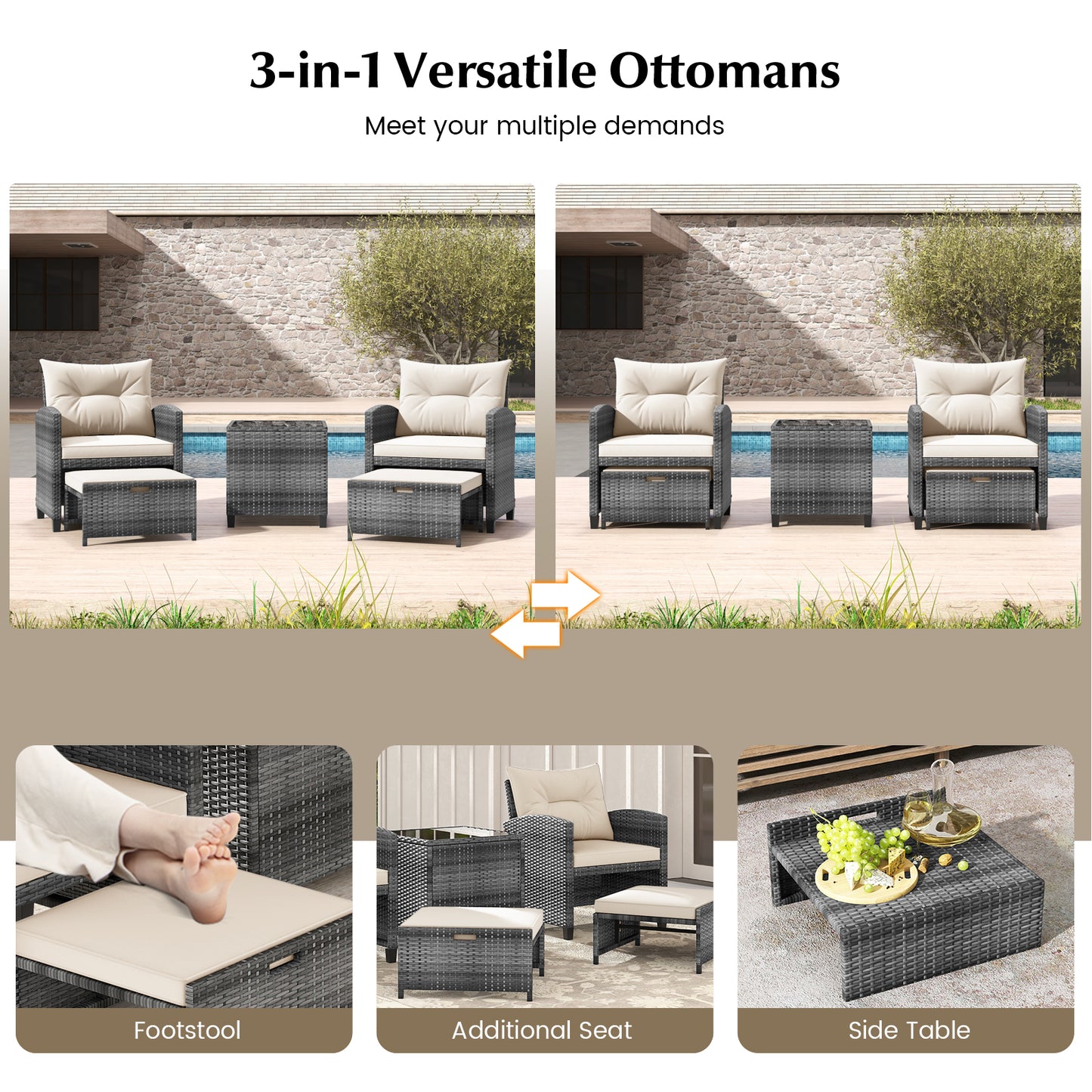 5 Piece Patio Rattan Furniture, 2 Ottomans, Tempered Glass Coffee Table, White Patio Conversation Sets at Gallery Canada