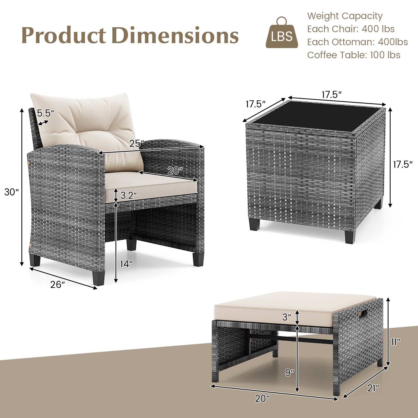 5 Piece Patio Rattan Furniture, 2 Ottomans, Tempered Glass Coffee Table, White Patio Conversation Sets at Gallery Canada