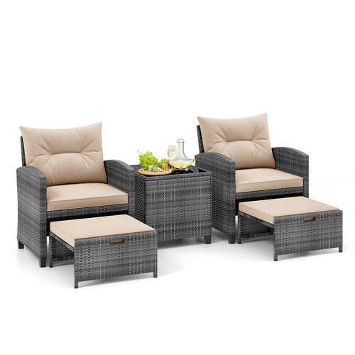 5 Piece Patio Rattan Furniture with 2 Ottomans and Tempered Glass Coffee Table, Beige