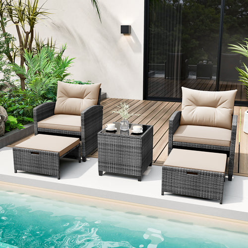 5 Piece Patio Rattan Furniture with 2 Ottomans and Tempered Glass Coffee Table, Beige