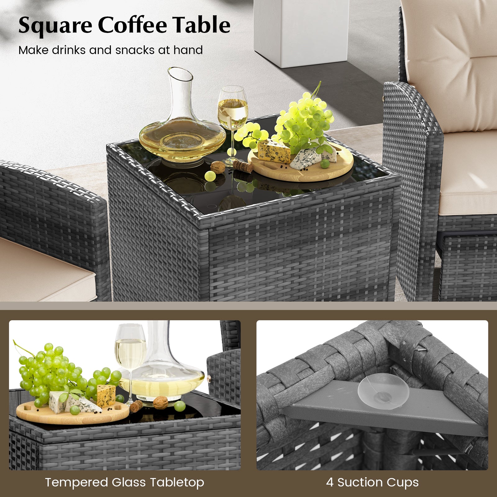 5 Piece Patio Rattan Furniture with 2 Ottomans and Tempered Glass Coffee Table, Beige Patio Conversation Sets at Gallery Canada