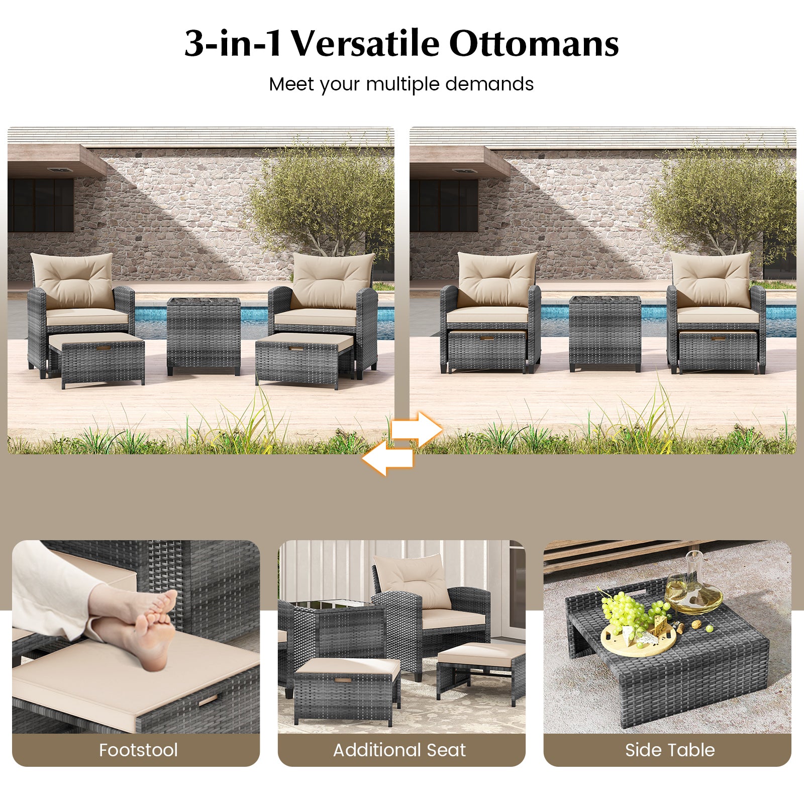 5 Piece Patio Rattan Furniture with 2 Ottomans and Tempered Glass Coffee Table, Beige Patio Conversation Sets at Gallery Canada