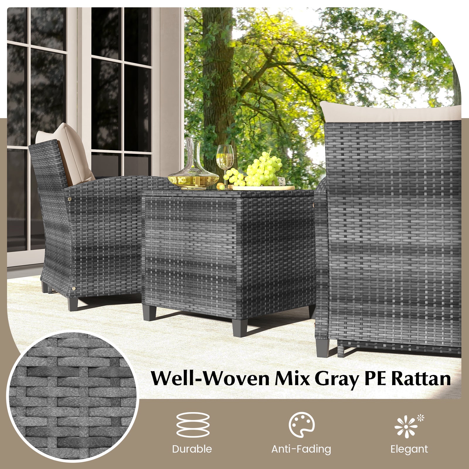 5 Piece Patio Rattan Furniture with 2 Ottomans and Tempered Glass Coffee Table, Beige Patio Conversation Sets at Gallery Canada