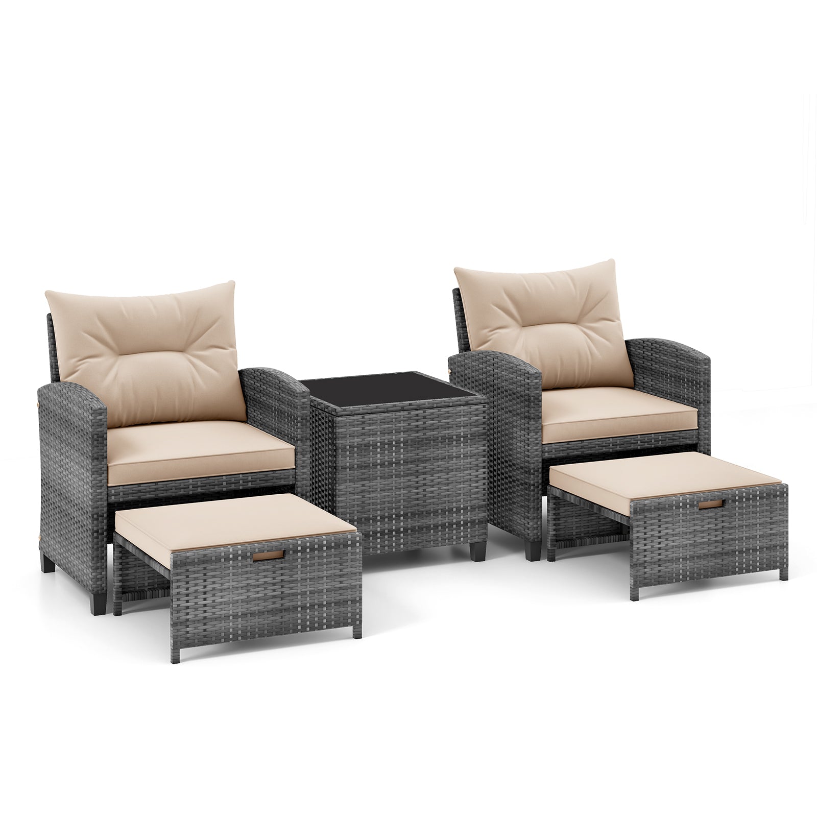 5 Piece Patio Rattan Furniture with 2 Ottomans and Tempered Glass Coffee Table, Beige Patio Conversation Sets at Gallery Canada