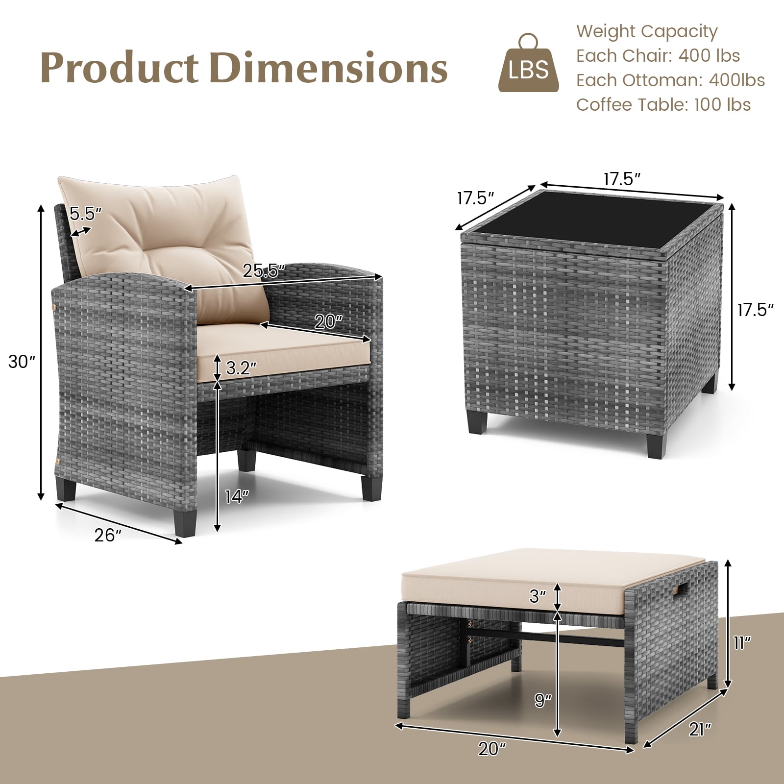 5 Piece Patio Rattan Furniture with 2 Ottomans and Tempered Glass Coffee Table, Beige Patio Conversation Sets at Gallery Canada
