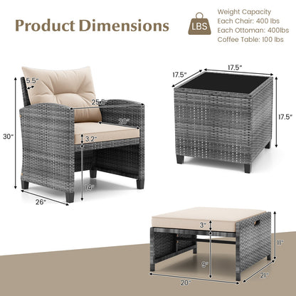 5 Piece Patio Rattan Furniture with 2 Ottomans and Tempered Glass Coffee Table, Beige Patio Conversation Sets at Gallery Canada