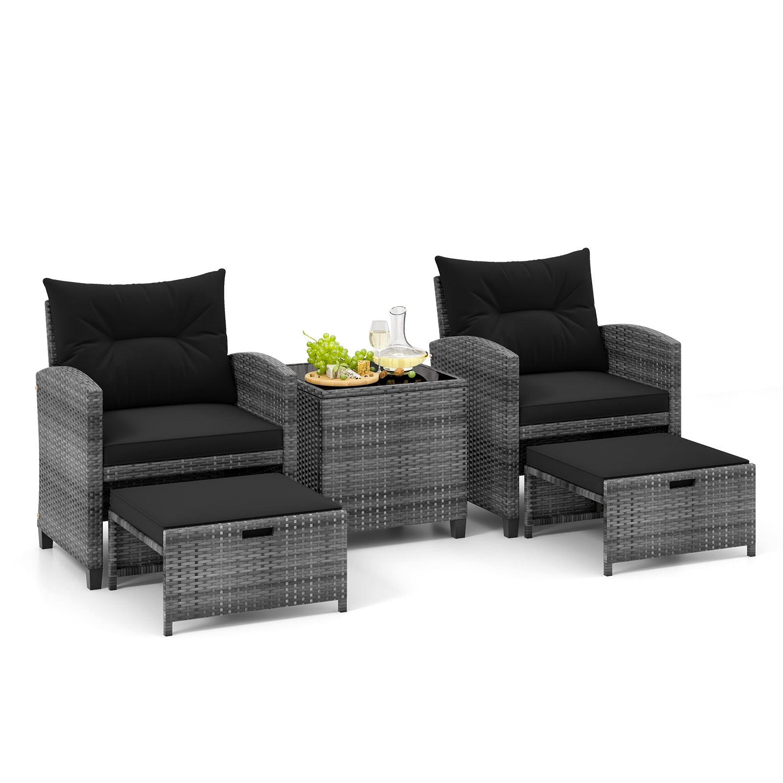 5 Piece Patio Rattan Furniture, 2 Ottomans, Tempered Glass Coffee Table, Black Patio Conversation Sets at Gallery Canada