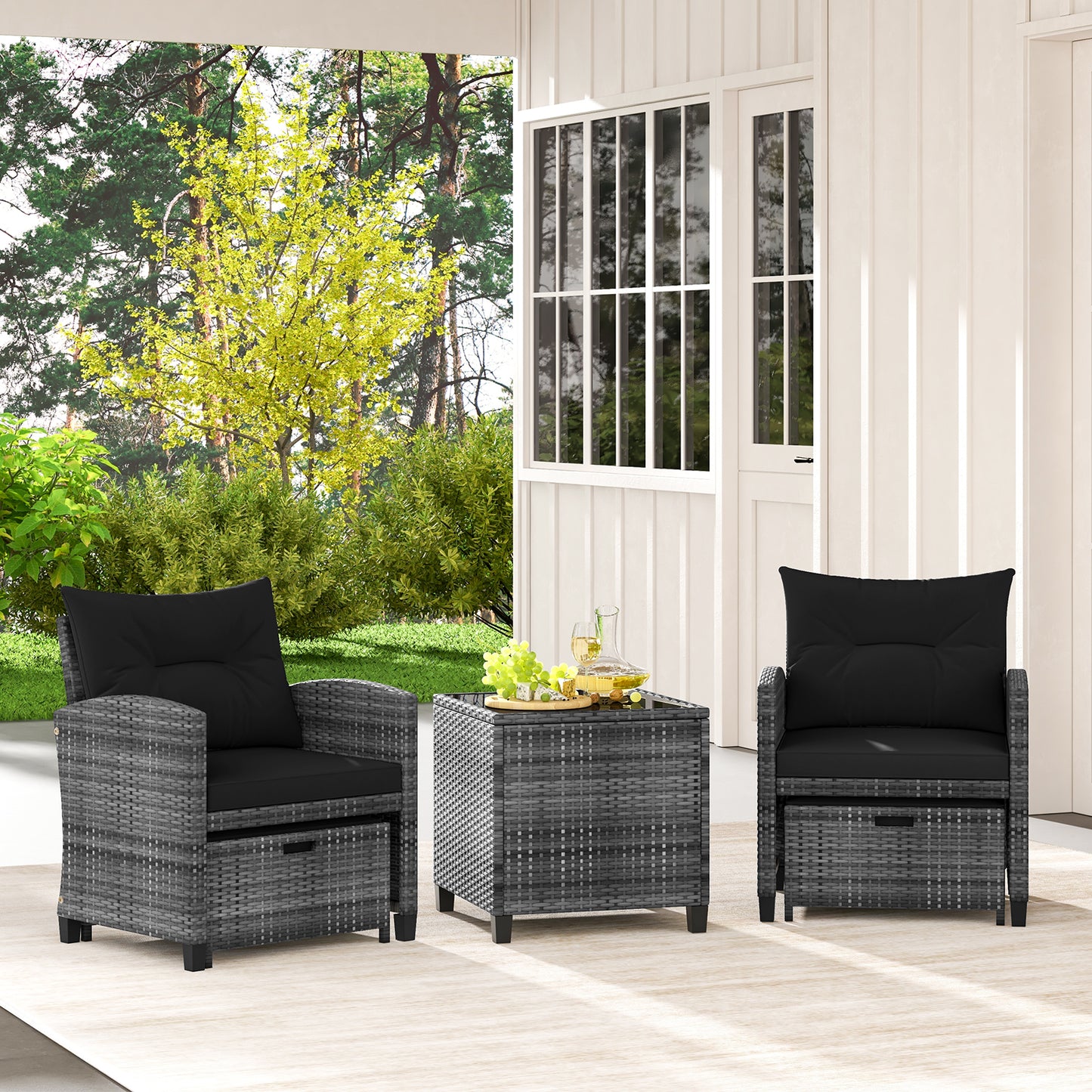 5 Piece Patio Rattan Furniture, 2 Ottomans, Tempered Glass Coffee Table, Black Patio Conversation Sets at Gallery Canada