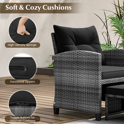 5 Piece Patio Rattan Furniture, 2 Ottomans, Tempered Glass Coffee Table, Black Patio Conversation Sets at Gallery Canada