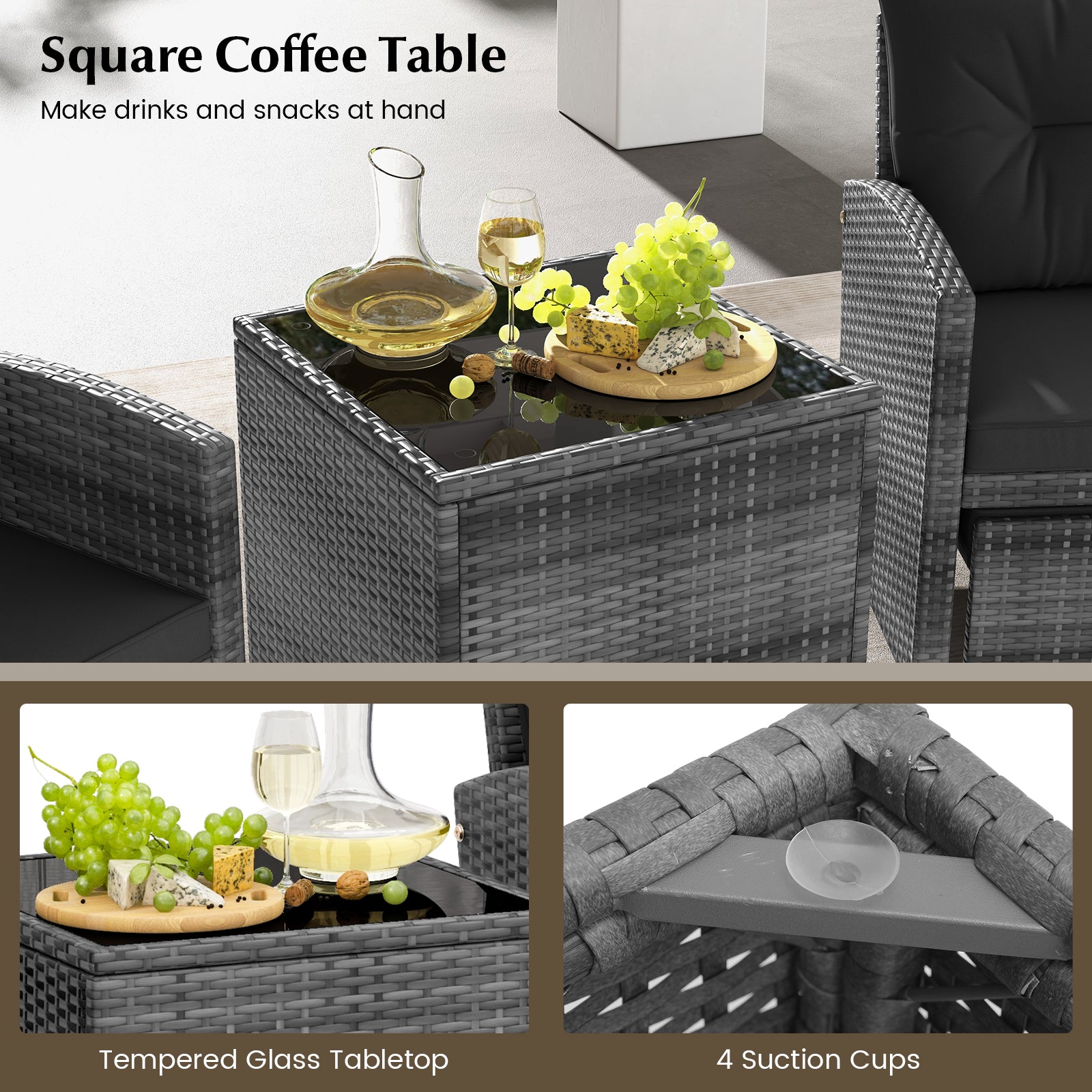 5 Piece Patio Rattan Furniture, 2 Ottomans, Tempered Glass Coffee Table, Black Patio Conversation Sets at Gallery Canada