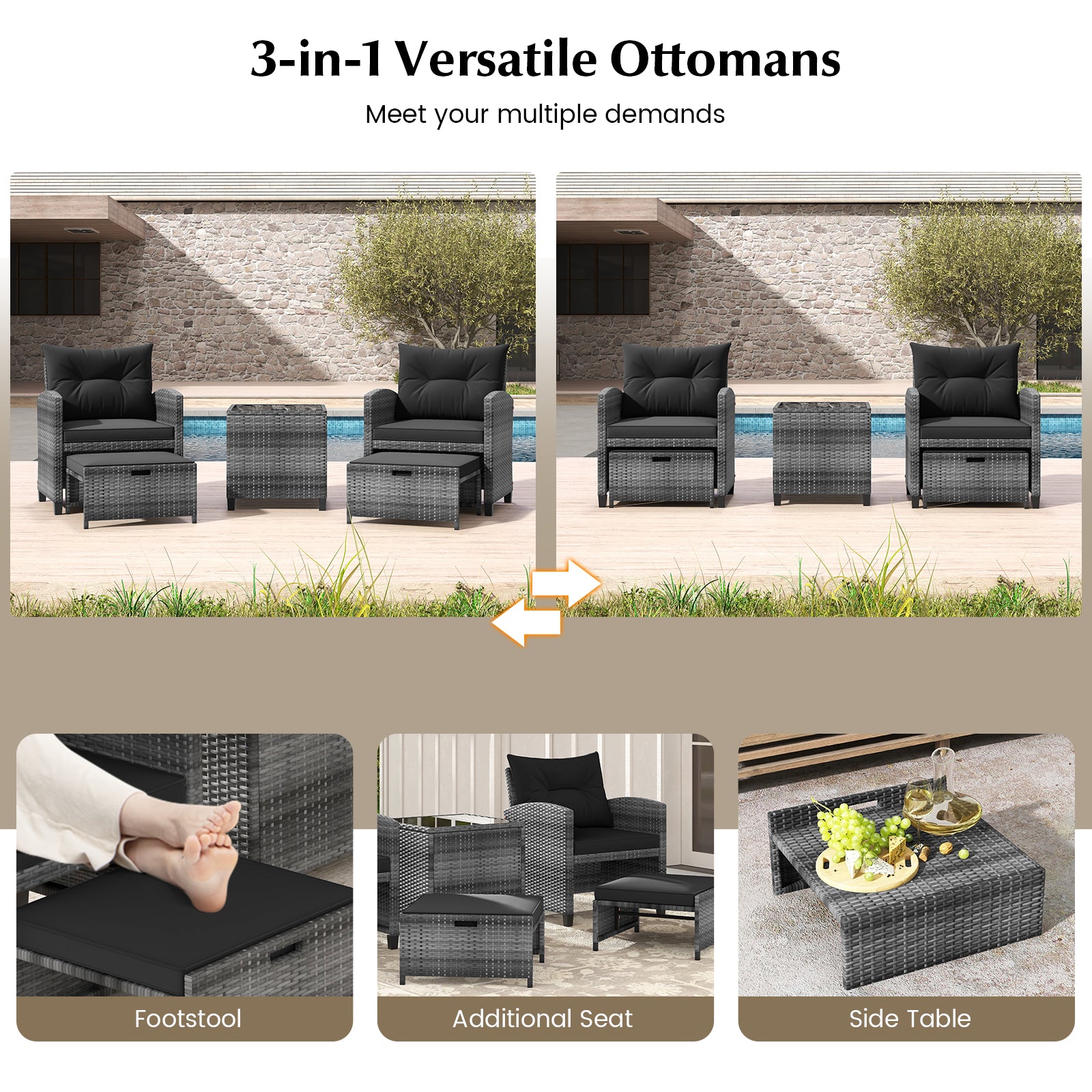5 Piece Patio Rattan Furniture, 2 Ottomans, Tempered Glass Coffee Table, Black Patio Conversation Sets at Gallery Canada