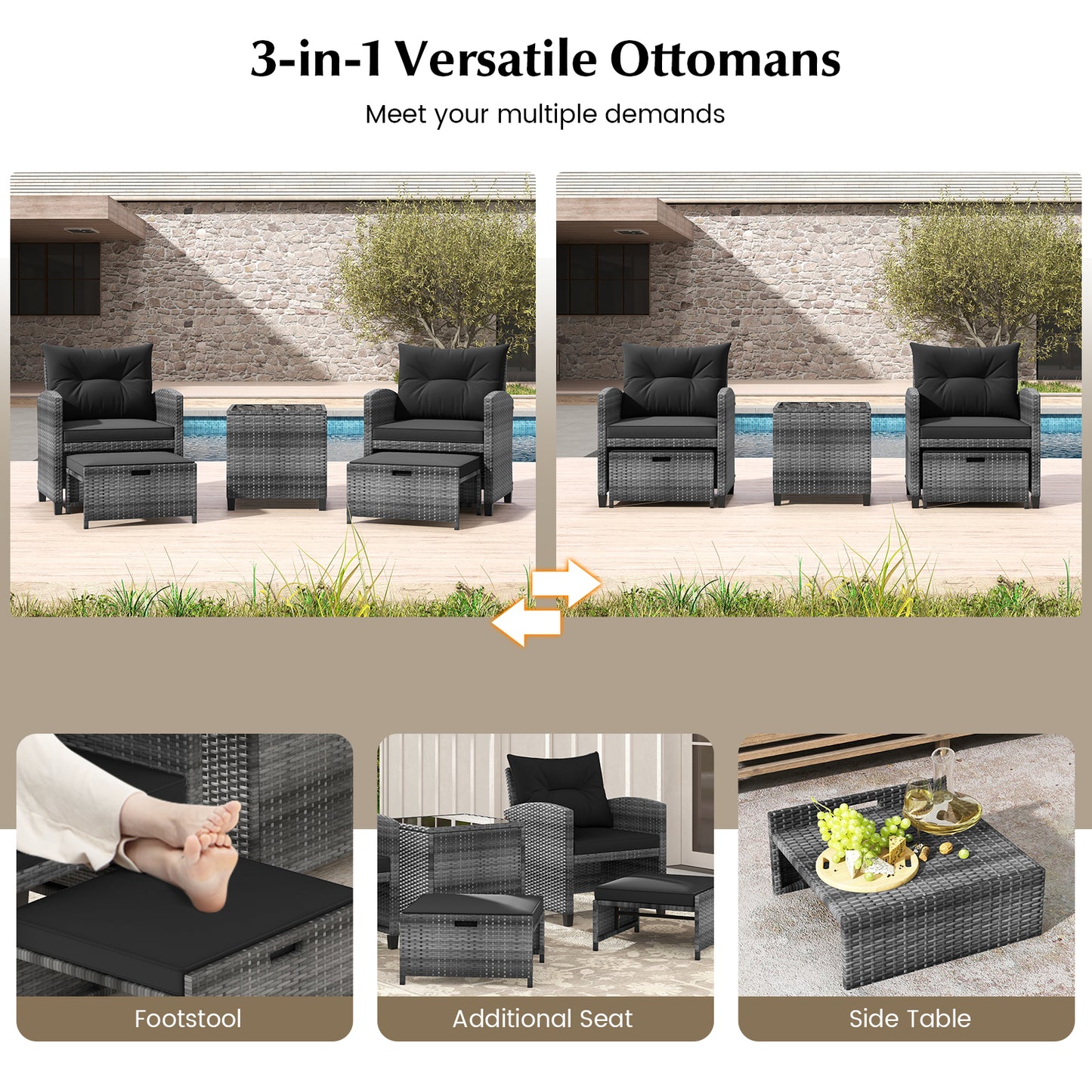 5 Piece Patio Rattan Furniture, 2 Ottomans, Tempered Glass Coffee Table, Black Patio Conversation Sets at Gallery Canada
