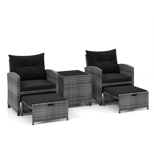 5 Piece Patio Rattan Furniture, 2 Ottomans, Tempered Glass Coffee Table, Black Patio Conversation Sets Black at Gallery Canada