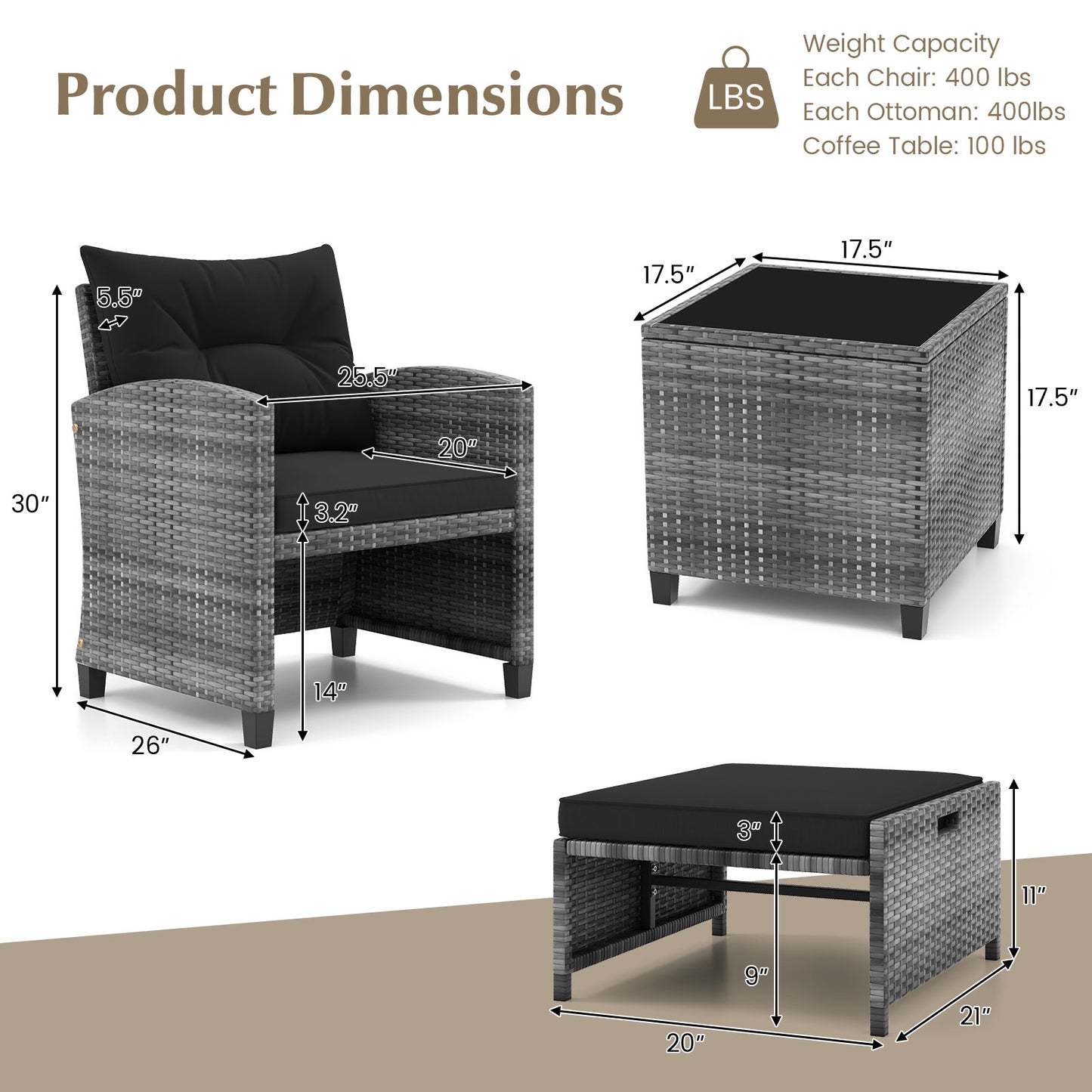 5 Piece Patio Rattan Furniture, 2 Ottomans, Tempered Glass Coffee Table, Black Patio Conversation Sets at Gallery Canada