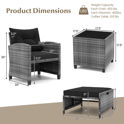 5 Piece Patio Rattan Furniture, 2 Ottomans, Tempered Glass Coffee Table, Black Patio Conversation Sets at Gallery Canada