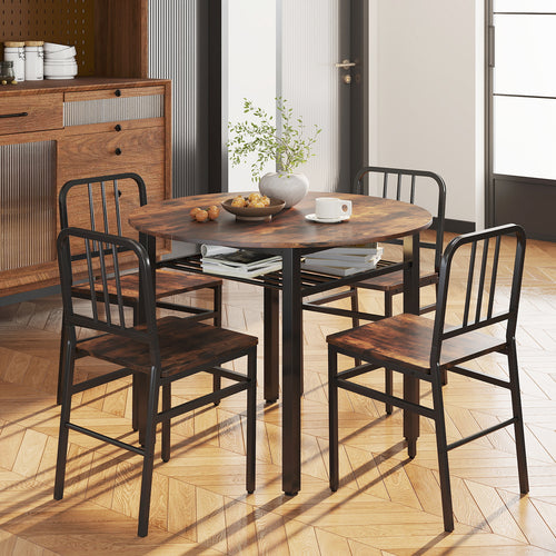 5-Piece Round Dining Table Set With Storage Shelf, Brown